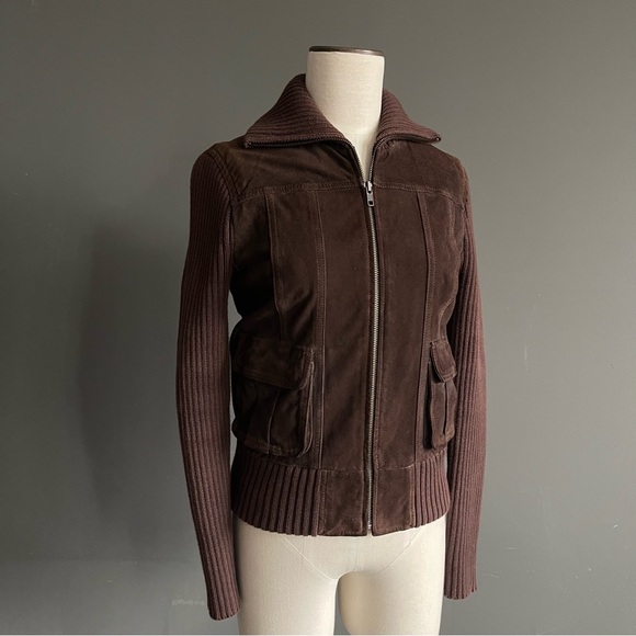 Gap Edition Brown Leather Knit Moto Bomber Jacket S Utility Luxe Western Boho - Picture 3 of 7